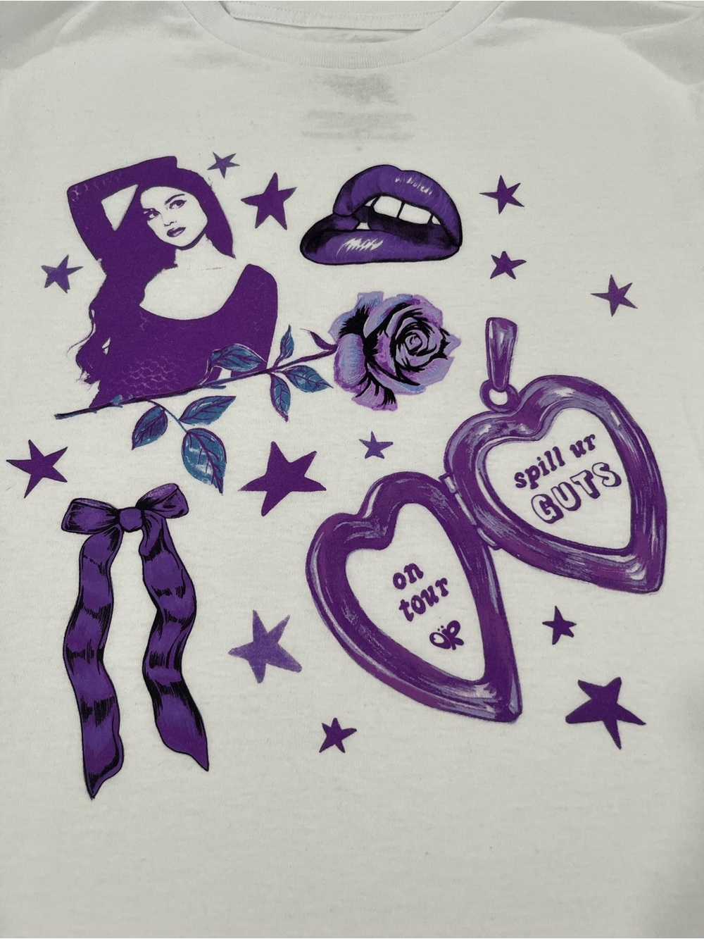 Olivia Rodrigo Sleeve Graphic Tee with Purple Heart Charm Design